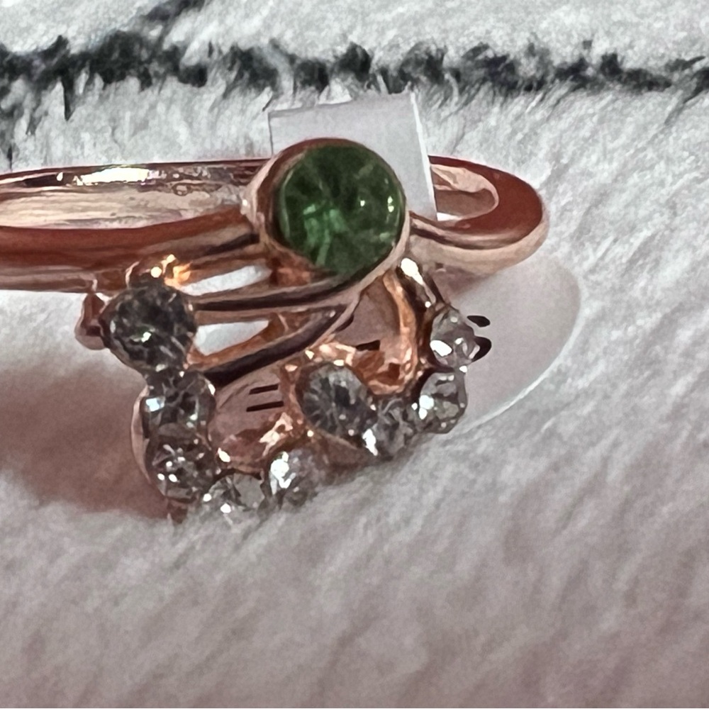 Elegant Gold Tone Ring With Green & Cubic Zirconia Gems